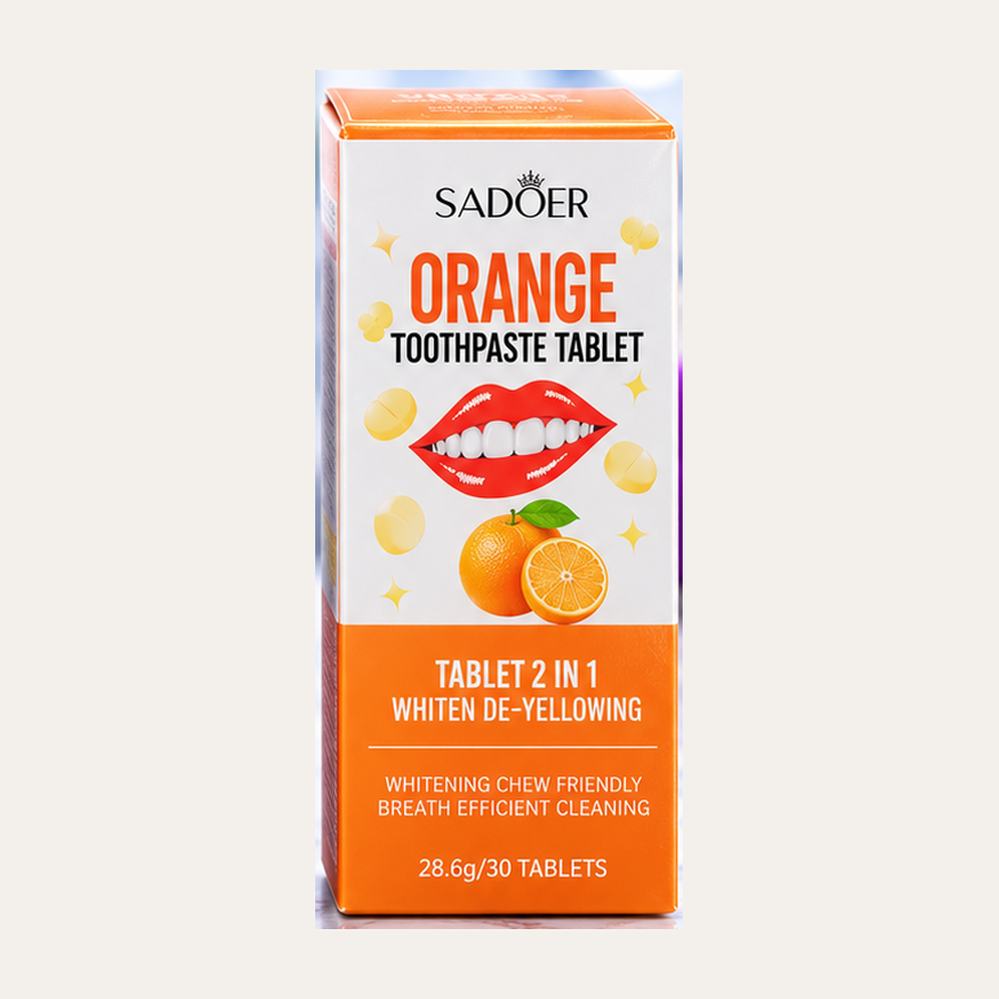 Sadoer Orange Toothpaste Tablet box, an orange 28.6 g pack of 30 chewable tablets with orange and tablet illustrations and Tablet 2 in 1 Whiten De-Yellowing wording