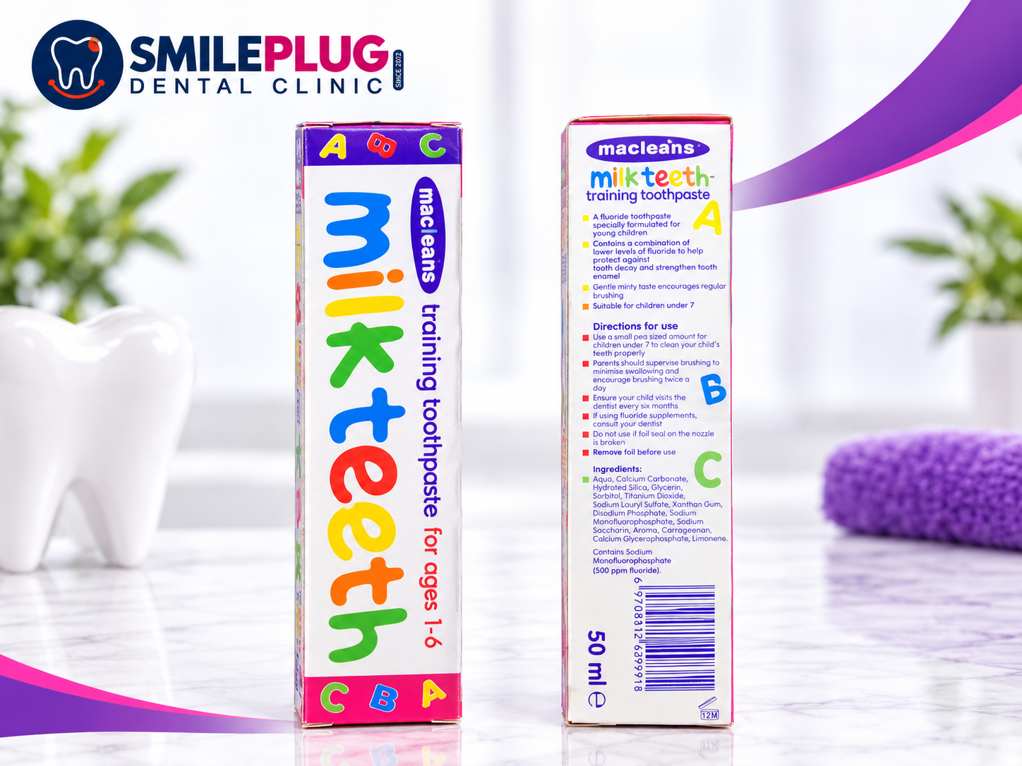 Macleans Milk Teeth training toothpaste for ages 1–6, 50 ml, front and back, listing 500 ppm fluoride and usage directions
