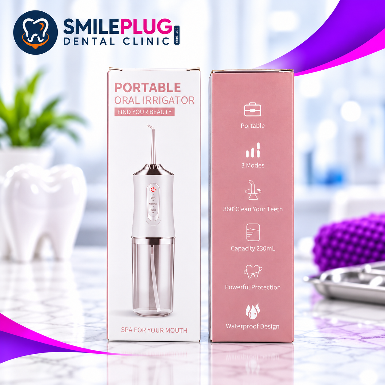 Portable Oral Irrigator A16, front and back of the box, showing the white irrigator with its transparent water tank, three modes, 230 ml capacity, waterproof design wording and the SmilePlug Dental Clinic branding