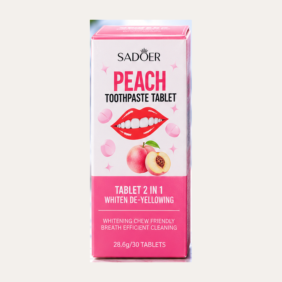 Sadoer Peach Toothpaste Tablet box, a pink 28.6 g pack of 30 chewable tablets with peach and tablet illustrations and Tablet 2 in 1 Whiten De-Yellowing wording