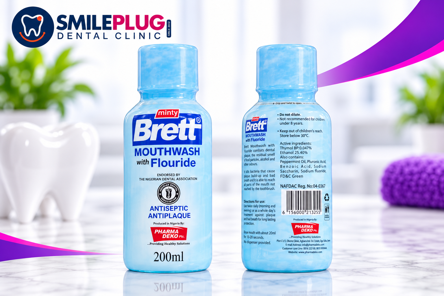 Brett Minty Mouthwash with Fluoride, front and back of the 200 ml bottle, showing the Nigerian Dental Association endorsement mark, antiseptic antiplaque label, active ingredients and directions for use