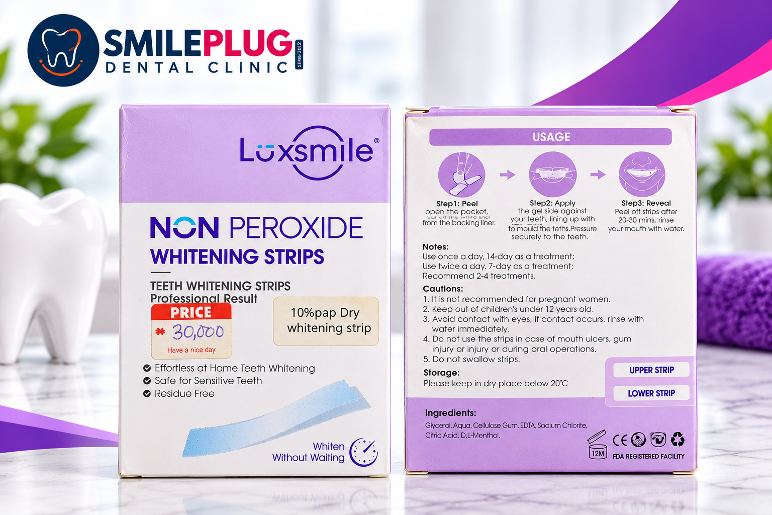 Luxsmile Non-Peroxide Whitening Strips box, front and back, showing the 10% PAP dry whitening strip label, usage steps and ingredients