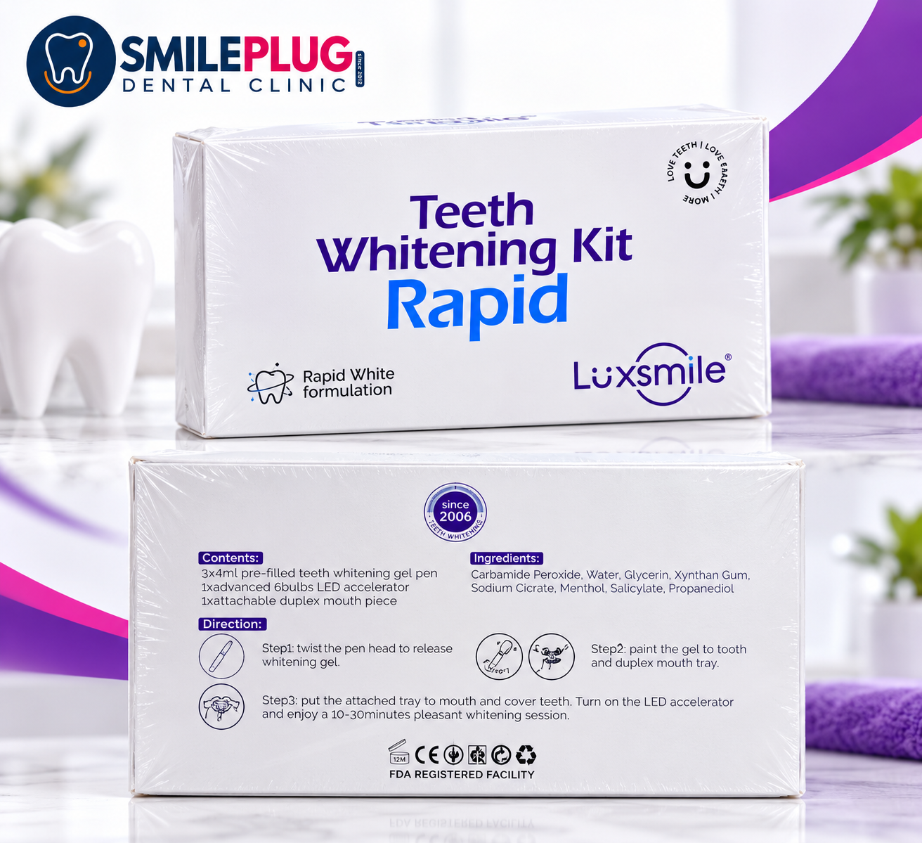 Luxsmile Teeth Whitening Kit Rapid box, front and back, showing the product name, Rapid White formulation label and packaging directions
