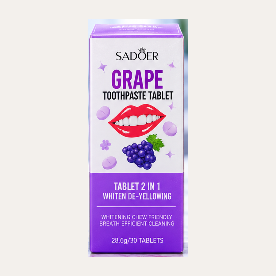 Sadoer Grape Toothpaste Tablet box, a purple 28.6 g pack of 30 chewable tablets with grape and tablet illustrations and Tablet 2 in 1 Whiten De-Yellowing wording