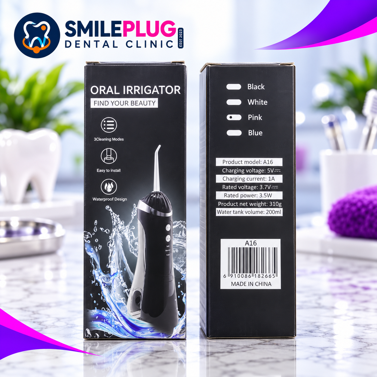 Oral Irrigator A16 in black, front and back of the box, showing the black irrigator with water-splash artwork, three cleaning modes, product model A16, charging and rated power details and a 200 ml water tank