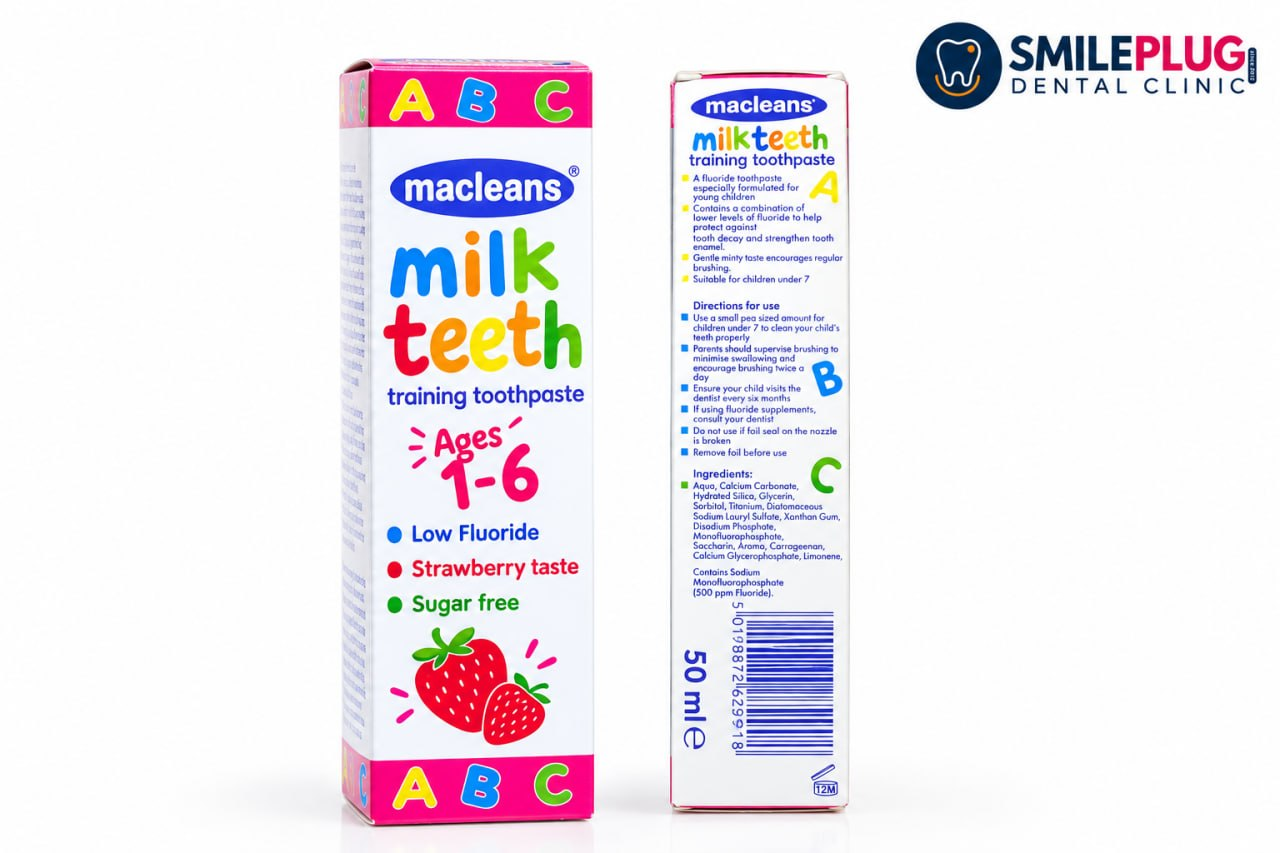 Macleans Milk Teeth training toothpaste with strawberry taste for ages 1–6, 50 ml, front and back, listing low fluoride, sugar-free formulation and usage directions