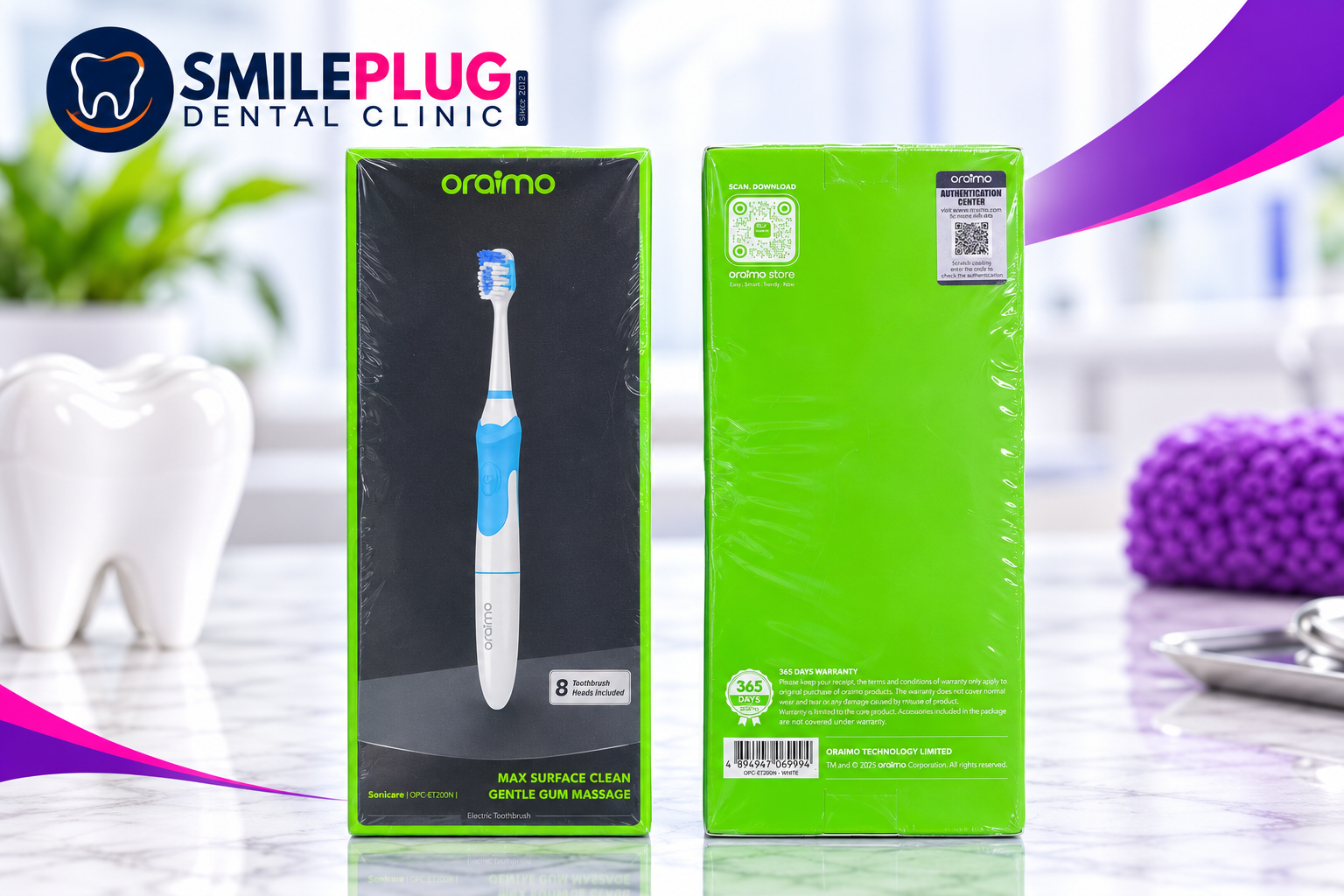 Oraimo Sonicare electric toothbrush OPC-ET200N in white, front and back of the box, showing the brush, the 8 toothbrush heads included label, max surface clean and gentle gum massage wording, QR authentication and 365 days warranty