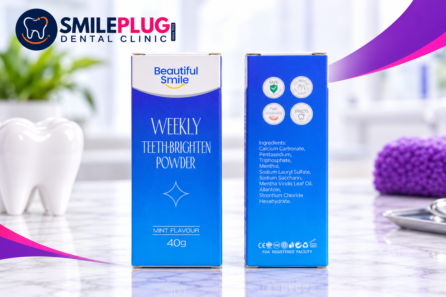 Beautiful Smile Weekly Teeth-Brighten Powder, front and back, showing the mint flavour 40 g pack and its ingredient list