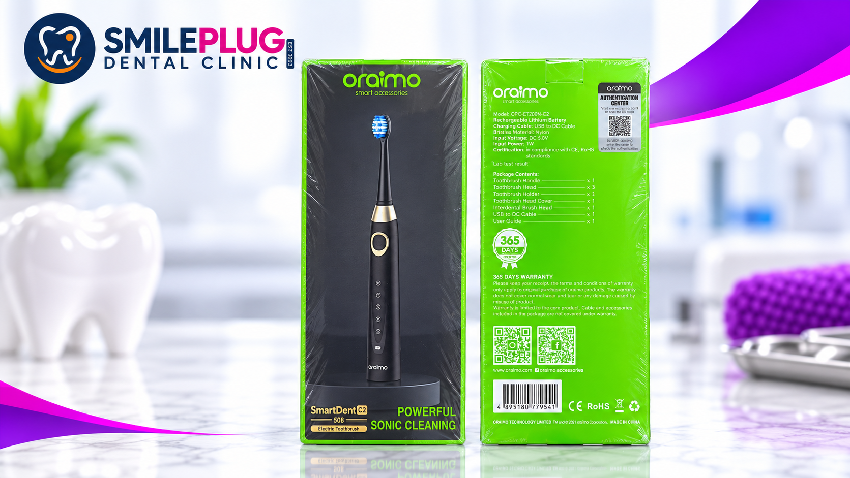 Oraimo SmartDent C2 508 electric toothbrush, front and back of the box, showing the black brush on its charging base, powerful sonic cleaning wording, model OPC-ET200N-C2, package contents list and 365 days warranty
