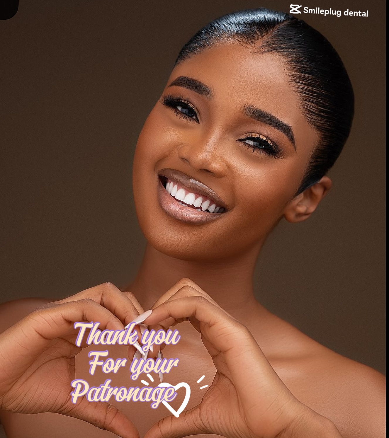 SmilePlug Dental Clinic thank-you message with a smiling patient; clinic-supplied image
