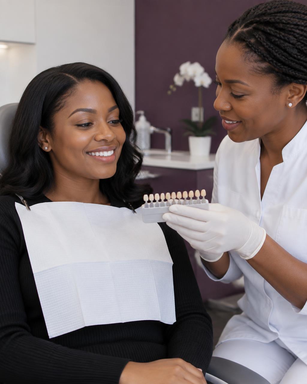 Dental professional discussing tooth shade options with a patient; illustrative image